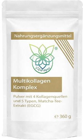 Vitaragna Multi-Kollagen-Komplex Pulver mit 5 Kollagen-Typen, Matcha, Weißtee EGCG, Vitamin C, 360g, 30 Tage
