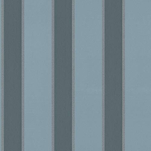 Klassische Tapete in Blau und Silber | Dunkelblaue Streifentapete ideal für Büro und Schlafzimmer | Gestreifte Vliestapete mit Vinyl