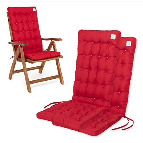 HAVE A SEAT Luxury | Gartenstuhlauflagen - Bequeme Hochlehner Polster Auflage, waschbar bei 95°C, Trockner geeignet, Sitzauflage für Gartenstuhl (2er Set - 120x48x8 cm in Rot)