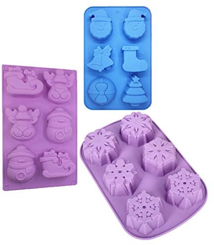 3 Pcs Christmas Silicone Molds, Soap Chocolate Trays Cake Pudding Jelly Mould, with Shape of Snowflake/Snowman/Reindeer/Sleigh/Santa Claus/Bells, 6 Cavities Each - Three Styles, Random Colors