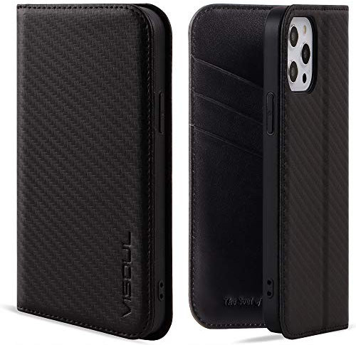 VISOUL iPhone 12 Pro Max Hülle, Handyhülle [100% Karbonfaser-Leder] [Schützt vor Stoß] [Standfunktion] [Kartenfach] [Magnet], TPU Handytasche Kompatibel für iPhone 12 Pro Max 6,7 schwarz-T