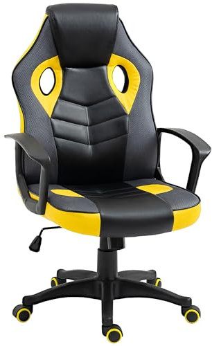 Vinsetto Sedia Gaming Ergonomica, Poltrona da Ufficio Girevole con Rotelle in Similpelle Nera e Gialla, Altezza Regolabile