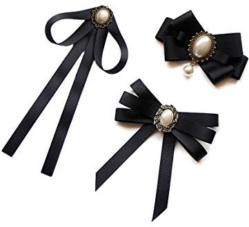 Broche nœud papillon noir pour femme et fille pré-nouée JW59, Tissu, Perle