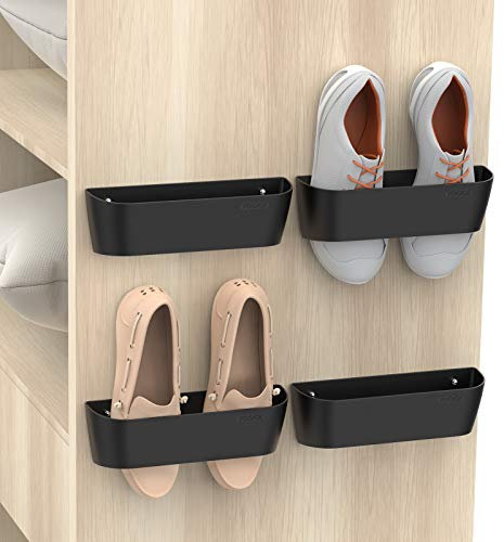 Yocice Wall Mounted Shoes Rack 4Pack with Sticky Hanging Strips, Plastic Shoes Holder Storage Organizer,Door Shoe Hangers (SM03-Black-4)