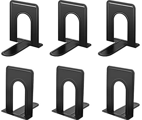 Book Ends, Heavy Duty Bookends for Shelves, Anti-slip Base, Black, Great for Library, Office, Home, School, 3 Pairs by JIKIOU