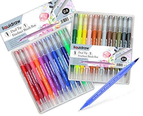 Liquidraw Dual Tip Brush Pens Fineliner Colouring Set Fineliners Coloured Watercolour Markers In Case For Adult Colouring Books, Sketching, Painting, Calligraphy, Drawing & Lettering (24)