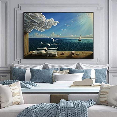 Le livre des vagues voilier par Salvador Dali peinture sur toile affiches de paysage art mural pour toile encadrée décoration d'intérieur 80x120cm (32x31in) avec cadre