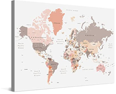 PICANOVA Weltkarte Leinwand Bilder - Premium-Leinwand-Kunstdruck - Bild auf Holzrahmen gespannt als Galerie-Kunstwerk - Weltkarten Sammlung für wohnzimmer - Modern Hell - 120x80cm