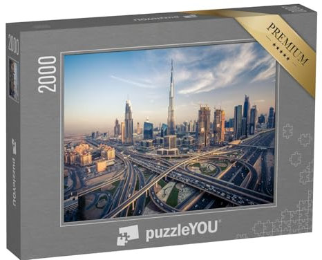 puzzleYOU: Puzzle 2000 Teile „Skyline von Dubai mit den verkehrsreichsten Schnellstraßen“ – aus der Puzzle-Kollektion Dubai, Brücken, Skylines, Burj Khalifa, Aus Aller Welt, Städte Weltweit