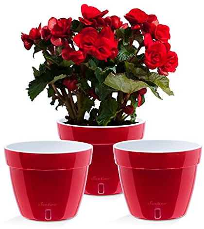 Santino ASTI - Set de 3 Macetas con Riego Automático con Indicador de Nivel de Agua, Redondas, para Interior, para Plantas, Flores, Hierbas (Ø 20 cm, Altura 16 cm, 4 L, Rojo/Blanco)