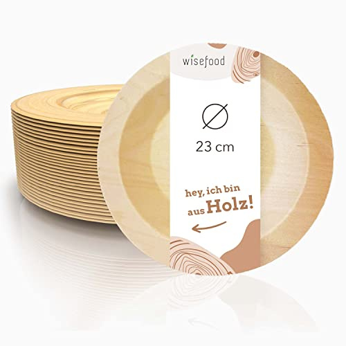 wisefood Assiettes jetables en bois de bouleau - 40 assiettes en bois jetables Ø23cm - Assiettes de fête biodégradables en bois de bouleau