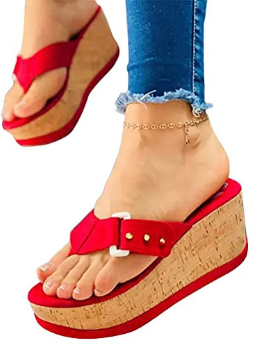 ORANDESIGNE Femme Sandales Compensees Sandale Plateforme Ete Espadrille Confort Bout Ouvert Femmes Compensees Plate à Boho à Bout Ouvert Mules Style Espadrilles Nu-Pieds Mode F Rouge 39 EU