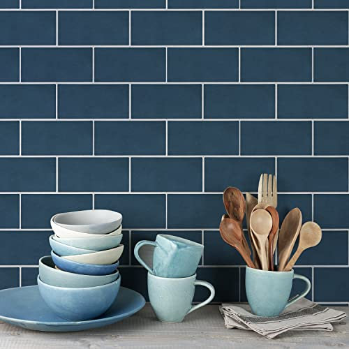 Alwayspon Vinyl Floor Wall Tile Sticker, Non-slip Sticky Back Tile Decals for Kitchen Bathroom Self-adhesive Peel and Stick PVC Floor Sticker DIY, Denim Blue, 30cmX15cmX4Pcs Set