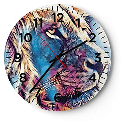 Modern Wanduhr Löwe Mähne Märchen 40x40cm Rund Groß Wand Uhr Glas Analog Zimmeruhren Küche Büro Wohnzimmer Glasuhr Wall Clock Dekoration Design Wanddekoration Küchenuhr C4AR40x40-4713