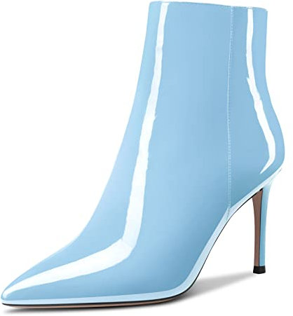 Aachcol Donna Stivaletti Chiusa a Punta Slip-on Spillo Alto High Tacco Heel Verniciata Cerniera Blu Cielo 8.5 CM 38 EU