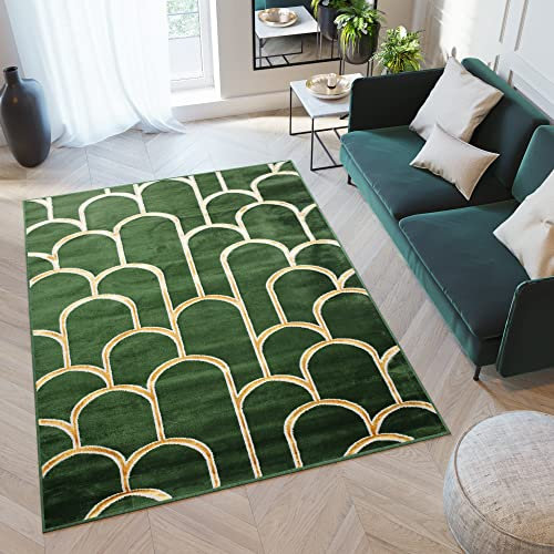 TAPISO Turmalin Teppich Kurzflor Grün Flaschengrün Gold Gerundete Rechtecke Wohnzimmer Schlafzimmer Büro Modern Design ÖKOTEX 140 x 200 cm