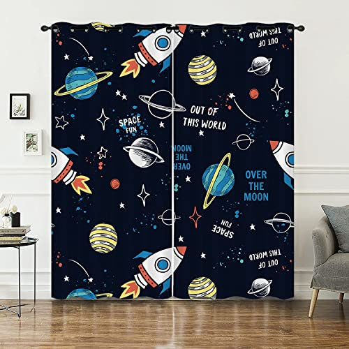 HOSIMA Himmelskörper Vorhänge Blickdicht Gardinen Mit Ösen,2-Set 117x183cm Sterne Nacht Raumschiff weiche Verdunklungsvorhänge für Wohnzimmer Kinderzimmer(Himmelskörper 117x183cm)