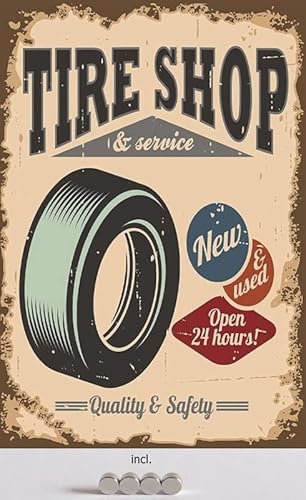 Metall Schild 20x30cm mit 4 Magneten Tire Shop Reifen Service Vintage Retro Auto Blechschild