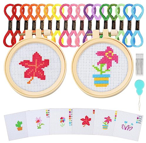 Ysimple Stickerei Set, Kinder Kreuzstich Set Kreuzstich Kits für Kinder Erwachsene Anfänger enthält 6 Projekt-Kreuzstichmuster und 2 Stickrahmen Ring für DIY Kunst, Handwerk, Nähen (Pflanze)