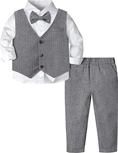mintgreen Costumi per Bambini Maschi, 3 Pezzi Completo in Tweed a Spina di Pesce Set di Abbigliamento da Battesimo Camicia + Gilet + Pantaloni + Papillon, 1-4 Anni, grigio, 4-5 anni