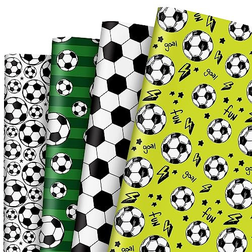 AnyDesign Geschenkpapier mit Fußballmotiv, Sportfußball-Druck, Geschenkpapier, groß, gefaltet, flach, grün, weiß, schwarz, Fußball-Kunstpapier für Thema, Geburtstag, Party, Saison, 50x70 cm, 8 Blatt