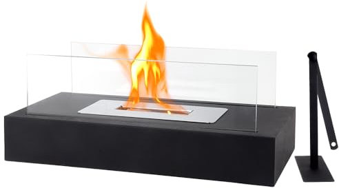 NEWIMAGE Rechteckiger Bioethanol Tischkamin mit Glas 35 cm Tragbarer Tisch Feuerschale Deko Bio Ethanol Kamin für Patio Innen Außen Outdoor Schlafzimmer Garten Balkon Wohnzimmer Küche