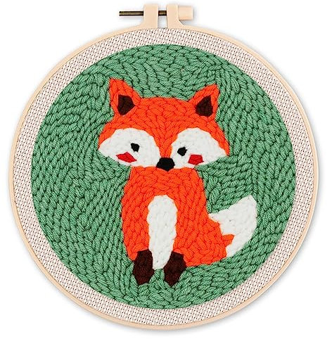 Figured'Art Punch Needle Set für Erwachsene - Stickerei, ideal für Anfänger - Fuchs - 20x20cm mit rundem Rahmen