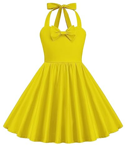 Robe vintage des années 1950 pour enfant fille sans manches avec support plaid Ruffle Swing robe de cocktail fête 50s robe pin-up rockabilly rose robe vichy, uni et jaune, 7-8 ans