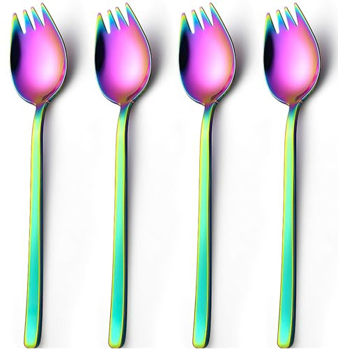 Lot de 4 fourchettes colorées Longueur 19 cm En acier inoxydable 2 en 1 Fourchette à soupe Fourchette à salade Cuillère à pâtes - Cuillère multifonction pour le camping familial et les