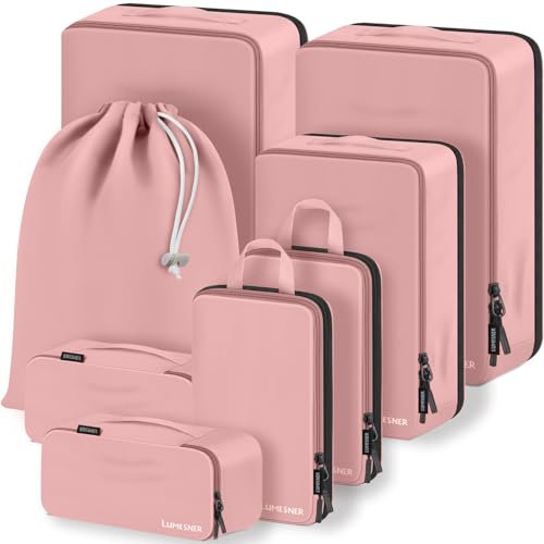 Koffer Organizer Set 8-teilig, Packtaschen für Koffer, Packing Cubes Set für Reise,Packtaschen mit Kosmetiktasche (Rosa, 8-teilig)