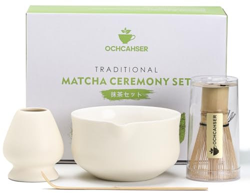 Ochcahser Matcha Set, Ceramic Matcha Kit Includes Matcha Bowl with Spout, Matcha Whisk Holder (chasen), Bamboo Matcha Whisk and Bamboo Scoop, Japanese Tea Set for Tea Lovers, OCHMC-T4MS