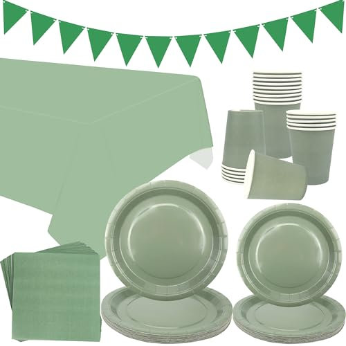 Sage Green Party Tableware - 20 Set, Includes Plates, Cups, Napkins, Banner, Tablecloth for Graduation, Wedding, Birthday Parties