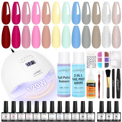 SPTHTHHPY Gel Nail Polish Starter Kit - 12 Colours, 120ML Remover, 120W Lamp, Glossy & Matte Top & Base Coat, Manicure Tools for Beginners