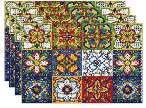 Linen Mexican Talavera Ceramic Tile Placemats Set of 4 Cinco De Mayo Day of The Dead Dia De Los Muertos Mexican Fiesta Party Decoration and Supplies for Home Party