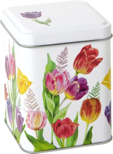 IHR Tulip Garden - Retro/Vintage Style Square Lid 100 g Tea Caddy/Kitchen Storage Tin - Multi-coloured - 10 cm