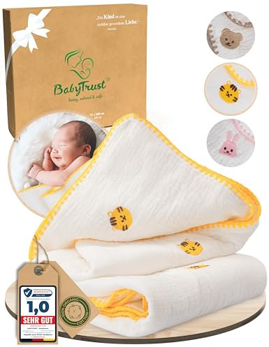 BabyTrust® Exklusive 100% Baumwolle-Babydecke - Bio-Musselin 4-lagig gefüttert - Ganzjahresdecke - Baby Geschenk zur Geburt für Junge - Kuscheldecke Neugeborenen Gelb-Tiger