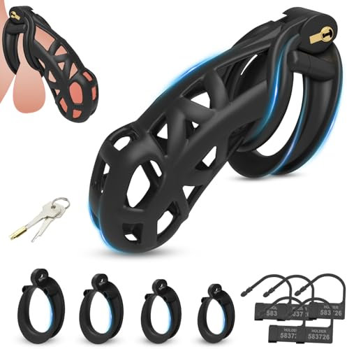 BDSMLOVE Cage de Chasteté avec 4 Anneaux de Pénis, Cage à Pénis Respirante Ceinture de Chasteté SM Bondage Jouets Sexuels pour Hommes (XXL)