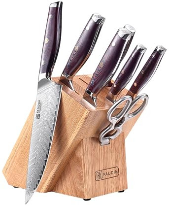 PAUDIN Messerblockset 8-teilig Damast Messer Set mit Holzgriff Kochmesser Santokumesser Brotmesser Allzweckmesser Gemüsemesser Küchenschere Wetzstahl mit Messerblock Küchenmesserset