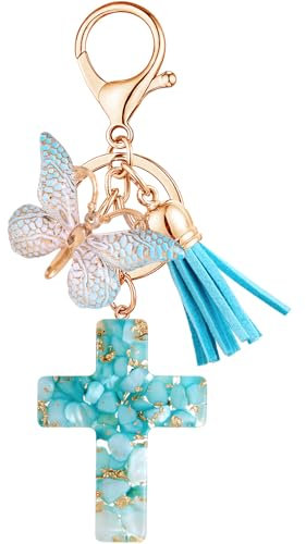 Vorysum Schlüsselanhänger Blau Mädchen Schlüssel Kreuz Harz Anhänger Schmetterling Gold Schlüsselringe Quaste Schlüsselanhänger Auto Personalisiert Frauen Keychain