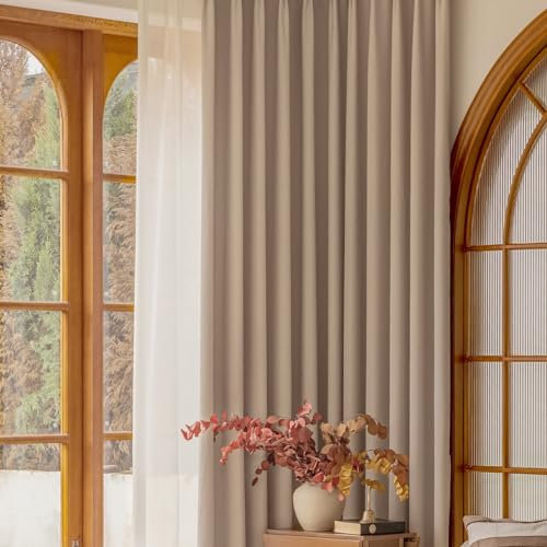 KnSam 2er Set Hell Kaffee Ösen Gardinen, Verdunkelungsvorhang Kinder Jacquard Einfarbig, Chenille Ösen Vorhänge Fenstervorhänge, Jeder B 132 x H 160cm