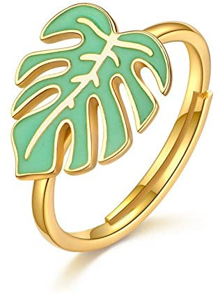 Sterling-Silberringe für Damen, 925er Sterling-Silberring, modisch, schlicht, Emaille, Monstera-Blattform, vergoldet, offene Ringe, Schmuck, Geschenke für Mädchen und Damen