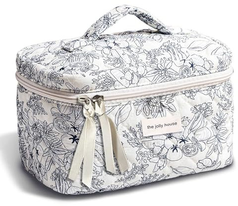 TOPALL Reise Kosmetiktasche Set Damen,Blumen Kosmetiktasche Aesthetic Make Up Bag Tasche Gesteppte Kulturtasche Beauty Case Baumwolle,Cyan Flower(Large)