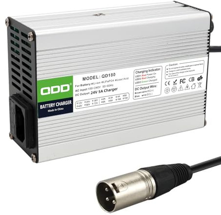 QDD Chargeur 24V 5A Chargeur Plomb-Acide 24V Utilisé pour Batterie Plomb-Acide 24V AGM Gel VRLA OPZV Sortie CC Connecteur XLR 3 Broches