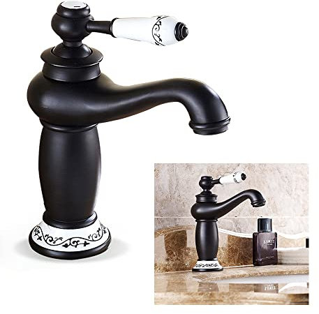 Antikes Messing Wasserhahn Bad Waschtischarmatur Einhebelmischer Wasserhahn Bad Nostalgie Waschbecken Armatur Auslauf Höhe 13 cm Amatur Kaltes und Warmes Wasser Landhaus Vintage Stil Schwarz