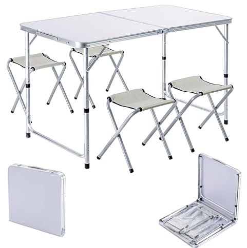 KADAX Campingmöbelset, Camping Tisch mit Klappstühlen, Klapptisch mit 4 Sessel, Höhenverstellbare Sitzgarnitur, Falttisch, Multifunktionstisch für Camping (Silber-weiß)