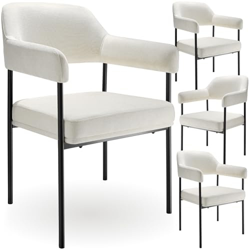 tectake® 4X Stuhl, Küchenstühle modern, 6er Set Stühle mit Armlehne für Esszimmer, Living Room Chairs, Esszimmer und Küche, als Schminkstuhl, Küchenstuhl - Webstoff Off-White/schwarz, 4er Set