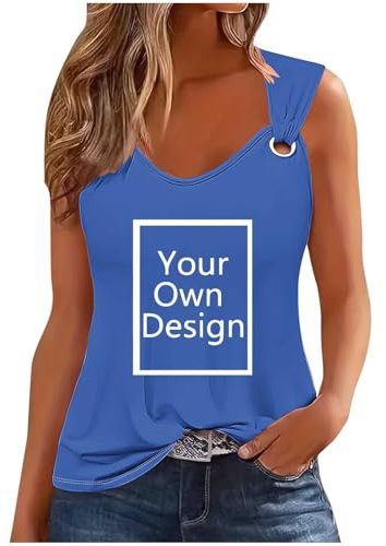 Personalised Tank Tops Women Custom T Shirt Summer Vest Top Customised Your Own V Neck Sleeveless Tops with Text, Photo or Logo Cami Basic Tees Loose Elegant Blouse Ladies Vest Top Blue