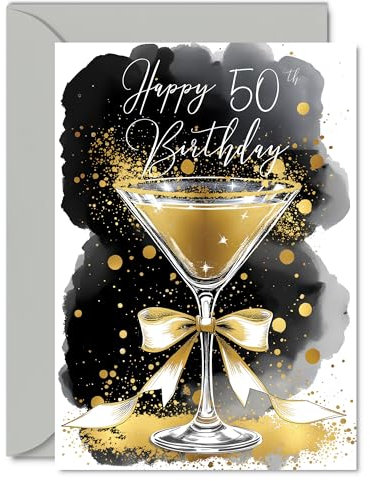 50th Birthday Card - Golden Champagne Glass - Traditional Elegant Beautiful Gold Birthday Cards for 50 Year Old Woman Man Women Men, 5x7 Inch Gorgeous Greeting Cards Gift