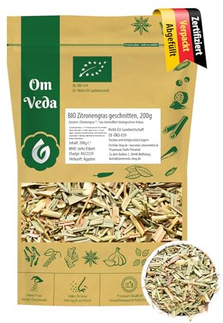 BIO Zitronengras | Zitronengrasblätter getrocknet und geschnitten | Perfekt geeignet für die Zubereitung von Tee | Lemon Grass Tea | OmVeda (200g)