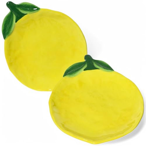 MIJOMA Teller-Set – zweiteiliges Servierteller-Set aus Dolomit – handgefertigte Frühstücksteller – stilvolle Dekoration – lebensmittelecht (Zitrone)